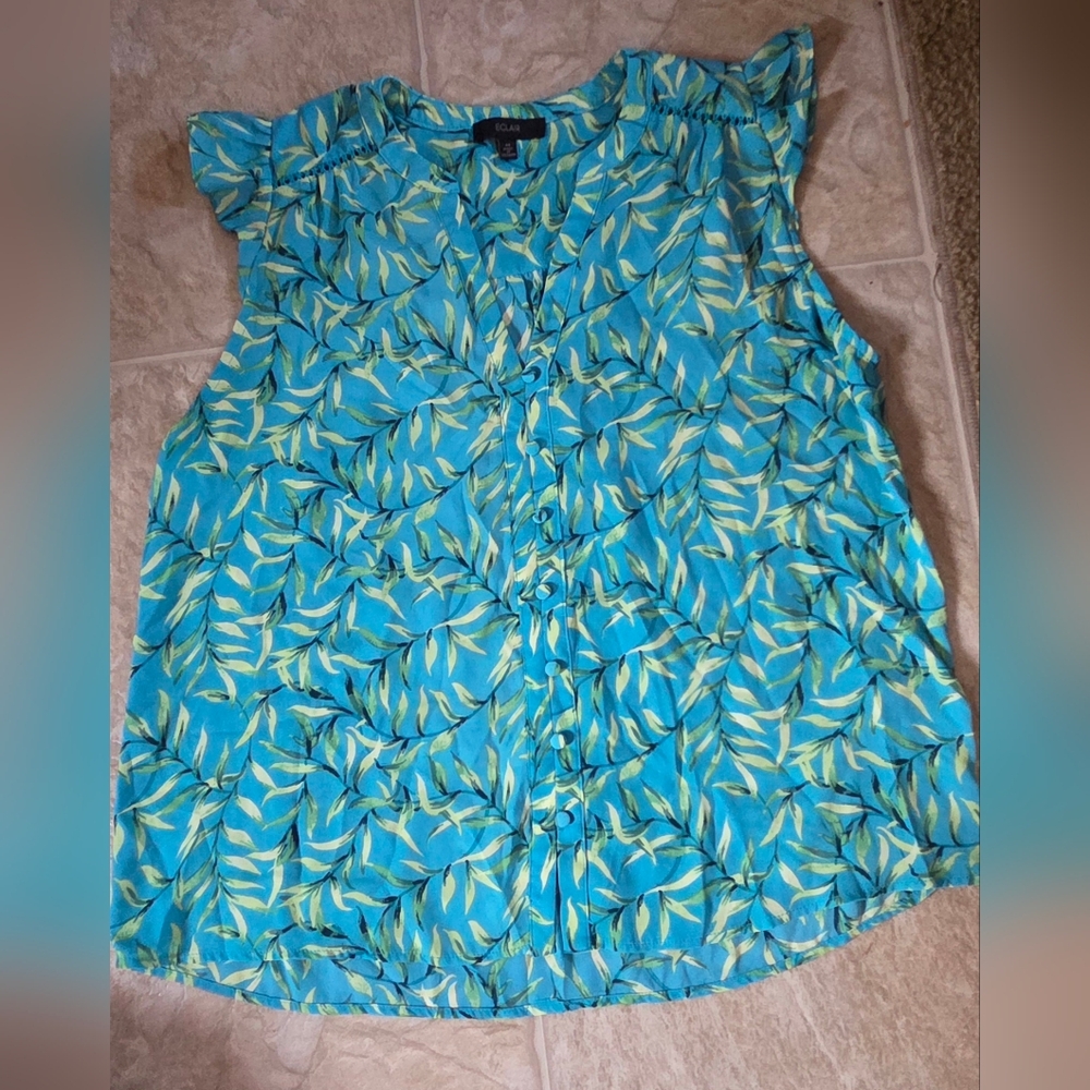 Blue Flutter Sleeve Blouse with Ruffled Mandarin Collar